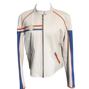 Harley Davidson Cream Orange Blue Leather Moto Jacket XL Style 97122-07VM NWOT